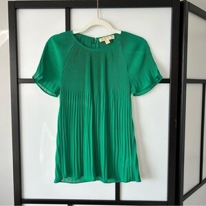 [XS] Micheal Kors Bright Green Pleat Accordion Ruffle Sheer Short Sleeve Blouse